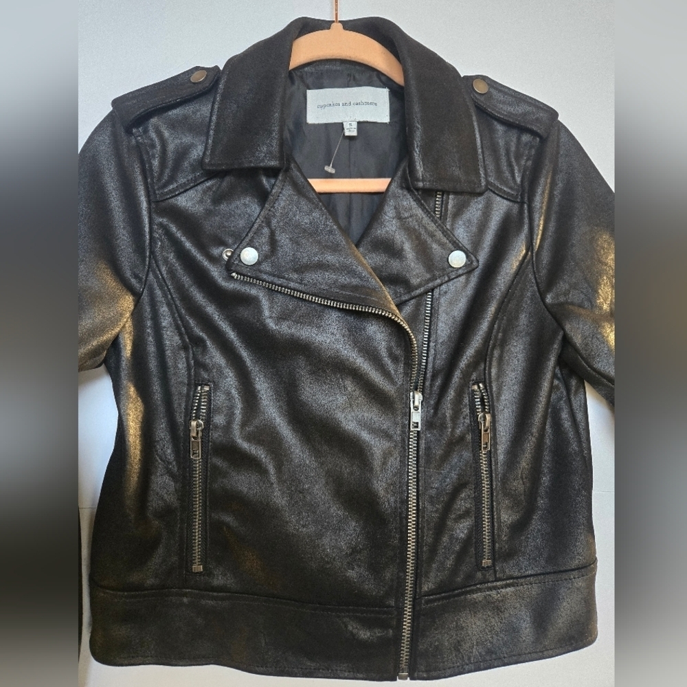 Antropologie,Cupcakes & Cashmere Classic Black Leather (Polyester) Jacket.Size S - Picture 9 of 9